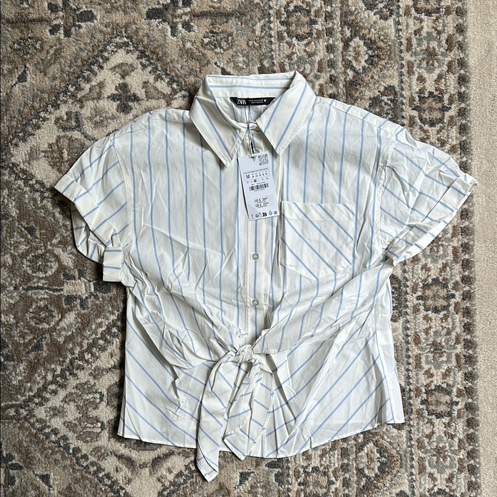 Zara Blue and White Stripe Short Sleeve Tie Front Shirt